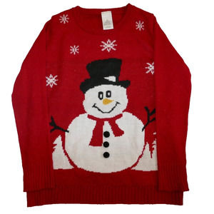 Red Holiday Sweater Frosty Snowman Tophat Snowflakes Med 8 - 10